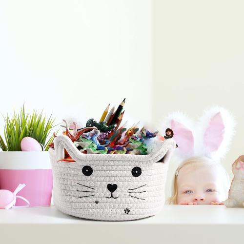 Zopeal Cat Basket Storage Woven Organizer with Ears Easter Decorative Gift Pet Toy Cute Cotton Rope Basket for Gift Cat Dog Toy Bin Nursery Room(8.3 x 4.7 Inch,White)