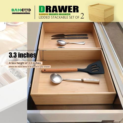 Stackable Bamboo Drawer Organizer Set – 2 Boxes with 1 Lid | Wood-Laminated Trays for Kitchen Utensils, Silverware & Flatware – Storage Fits Cabinets, Pantry, Bathroom & Office | 10.2x7.3 (2-Pack)