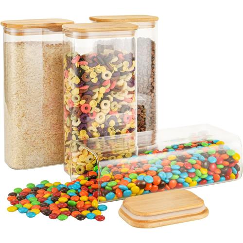 64oz Rectangle Airtight Glass Storage Containers with Bamboo Lids (Set of 4), Square Food Storage Jar, Pantry Organizers for Cereal, Flour, Pasta and Coffee beans (with Black Lable)