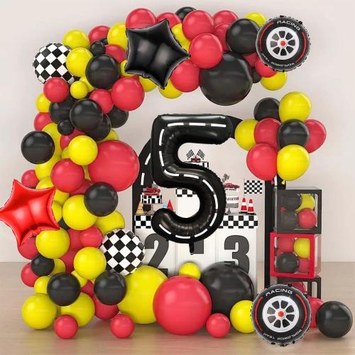 Race Car Balloons,40 Inch Racetrack Number 5 Balloon,Big Number Balloons Black for 0st Birthday Race Car Theme Party Decor Supplies 7 Pcs