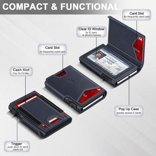 Wallet for Men Wallet with Slim Pop Up Card Holder 9-13 Cards, Bifold Minimalist Smart Wallet RFID Blocking Credit Card Holder with ID Window & Stretchable Cash Slot Compact Metal Aluminum Card Case