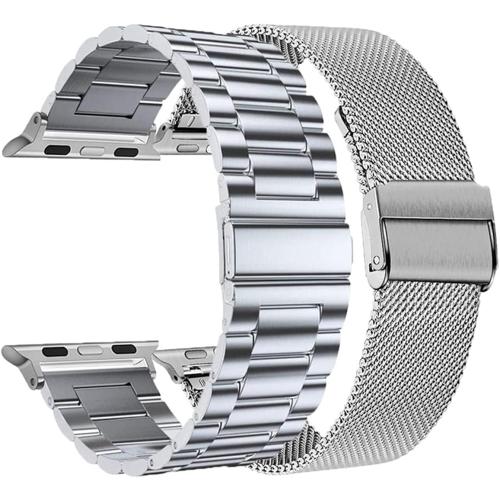 Pack 2 Metal Bands Compatible With Apple Watch Band 38/40/41/42/44/45/46/49mm,Stainless Steel&Milanese Loop Mesh for iWatch Band Series SE3 2 1/ Ultra3 2 1/11 10 9 8 7 6 5 4 3 2 1