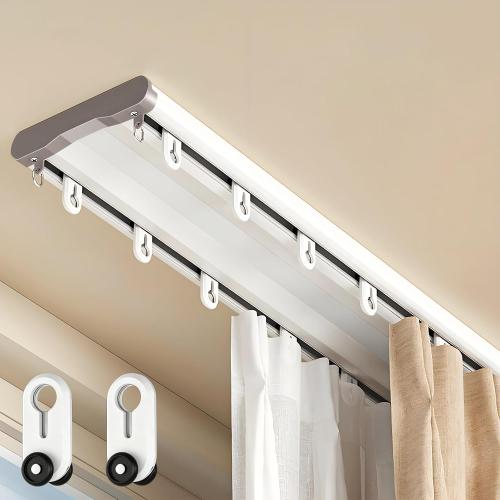 Double Curtain Track Ceiling Mount,Heavy-Duty Thick Aluminum Alloy Curtain Rail with Silent Pulleys,Anti-Sag Dual Rail Room Divider for Bedroom Bay Window Hotel - White, 6.9ft (2.1m)
