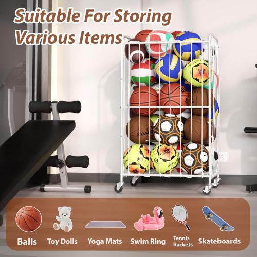 210L Rolling Ball Organizer with Locking Wheels - Large Sports Storage Basket for Basketball Soccer Football Volleyball, Steel Garage Equipment Cart with Elastic Rope for Household Storage