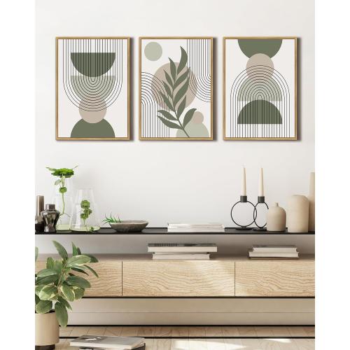 Drsoum 11x14in Boho Wall Art Green Sage Decor Framed Wood Modern Bohemian Abstract Geometry Canvas Prints Ready to Hang