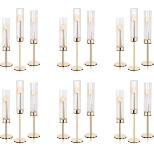 Tall Hurricane Glass Candlestick Holders for Taper Candles Table Centerpiece Decor Wedding Christmas Home Celebration (18, Gold)