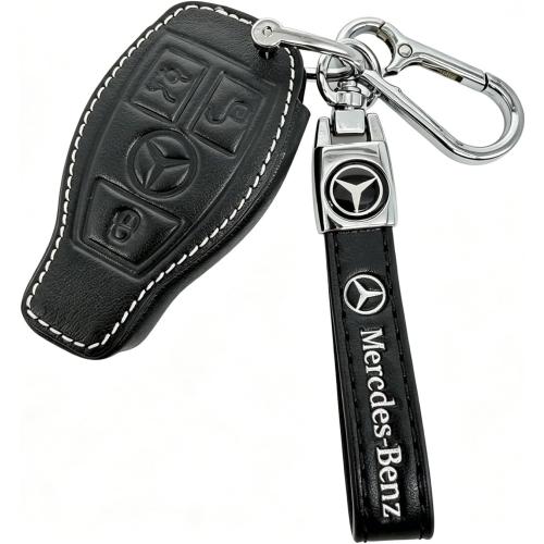 Leather Key Fob Cover for Mercedes-Benz, Full Protective Case with Metal Keychain, Compatible with LS CLK AMG CLK CLK GLC GLE GLS ML SL SLK A C E R S G Remote Key,(Style B: Black)