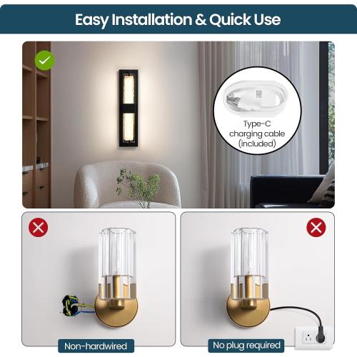 Battery Operated Resin Wall Sconce - Wireless Rechargeable Black Wall Light Dimmable LED Remote Wall Sconces Lighting Modern Cordless Vanity Light Fixtures No Wiring for Living Room Bedroom Bathroom