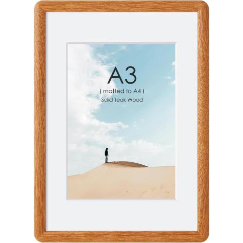 Acovy A3 Picture Frame, Solid Natural Teak Wood Photo Frame with Tempered Glass,A3 Wood Picture Frame with Mat for A4 Photos,Curved Rounded Corner Wooden Frames,Wall or Tabletop Display
