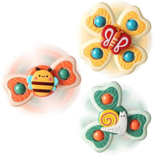 ALASOU 3PCS Suction Cup Spinner Toys for 1 2 Year Old Boy Girl Birthday Gift|Spinning Top Baby Bath Toy for Kids Ages 1-3|Sensory Airplane Travel Toy Easter Basket Stuffers for Toddlers Infant