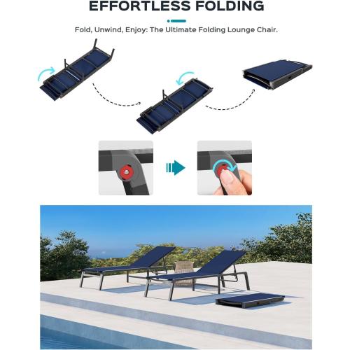 Aluminum Chaise Lounge Ourdoor - Foldable & Assemble Free Outdoor Lounge Chair with 5 Adjustable Backrest, Patio Lounge Chair for Outside Poolside Beach Pool, Navy Blue