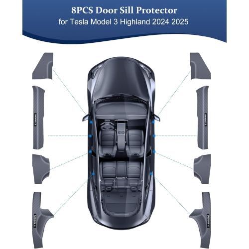 8pcs 2025 8PCS Tesla Door Sill Protector for Model 3 2024 2025 Highland, Carbon Fiber Door Sill Scuff Plate Edge Guard, Front and Rear Door Entry Guard Scuff Plate Carpet Front Rear Sill