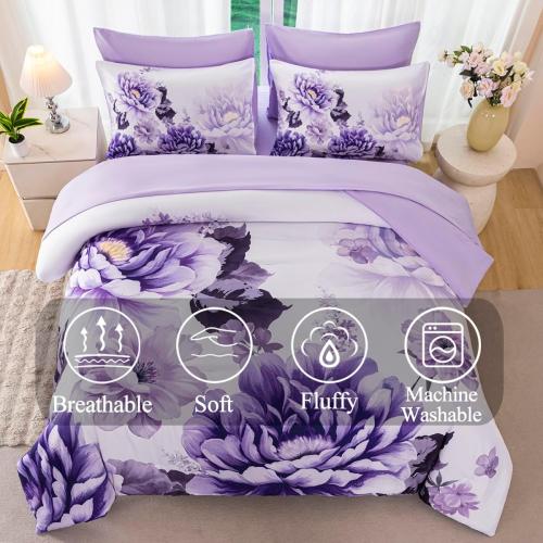 King Size Bed Floral Comforter Sets for Women Soft Lightweight 1 piece Flower Bedding Set All Season(Purple, King)