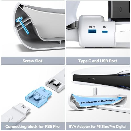 Tokluck PS5 Slim/Pro Horizontal Cooling Stand for Disc & Digital, Dual Controller Charger with 3-Level Cooling Fan, PS5 Stand for Pro & Slim Console (NOT Fit 2020 Regular Version)