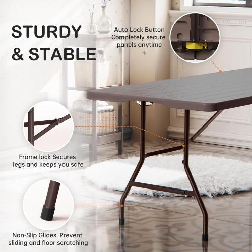 VSOAEIL Folding Table 6 Foot for Indoor Outdoor, Portable Heavy Duty Fold-in-Half Utility Plastic Foldable Dining Table with Carrying Handle for Picnic, Camping and Party, Brown