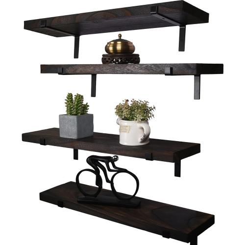 24 Inch Rustic Wood Floating Shelves for Wall Decor Farmhouse Wooden Wall Shelves for Bathroom Kitchen Bedroom Living Room Set of 4 Dark Brown