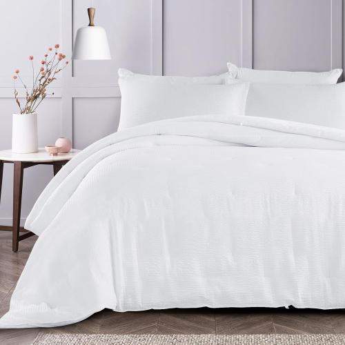 HOMBYS 3 Piece Seersucker Oversized King 120x128, Breathable White Soft Lightweight Bedding Comforter Sets with Comforter for All Season
