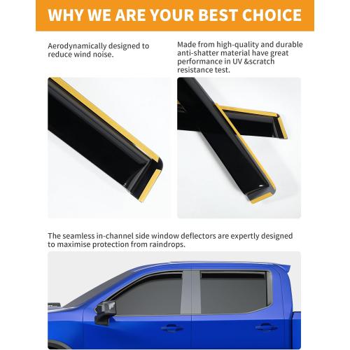 in-Channel Window Rain Guards Fit for Truck Chevy Silverado/GMC Sierra 1500 2019-2025 Crew Cab Extra Durable Window Deflectors Vent Visors Shades Exterior Car Accessories Visors Rain Guards