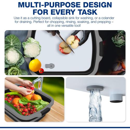 2-Pack XL Collapsible BBQ Prep Tub with Built-In Cutting Board, Lid & Strainer – Marinate, Drain & Prep – Large Food-Safe Container – Perfect for Grilling, Smoking & Outdoor Cooking (Black)