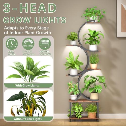 Rustic Brown and Black Plant Stand Indoor with Grow Lights, 65 inch Tall Plant Shelf for Multiple Plants, 7 Tiered Metal Plant Stands Indoor, for Living Room, Corners Patio Balcony or Office (Rustic Brown)