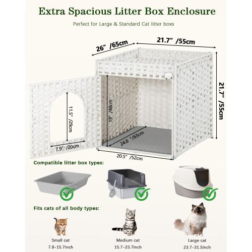 SETVSON Cat Litter Box Enclosure Furniture, Large PE Rattan, White | Large PE Rattan Kitty House fits Large Litter Boxes, Top Fence, Included Litter Mat, 2 S-Hooks, Sturdy Metal Frame