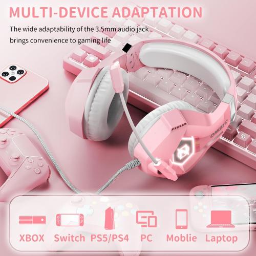 Ozeino Gaming Headset for PC, Ps4, Ps5, Xbox Headset with 7.1 Surround Sound, Gaming Headphones with Noise Cancelling Mic RGB Light Over Ear Headphones for Xbox Series X/S, Switch-Pink