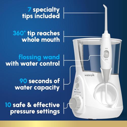 Waterpik Aquarius Water Flosser For Teeth Cleaning, Gums, Braces, Dental Care, Electric Power With 10 Settings, 7 Tips For Multiple Users And Needs, ADA Accepted, White WP-660, Packaging May Vary