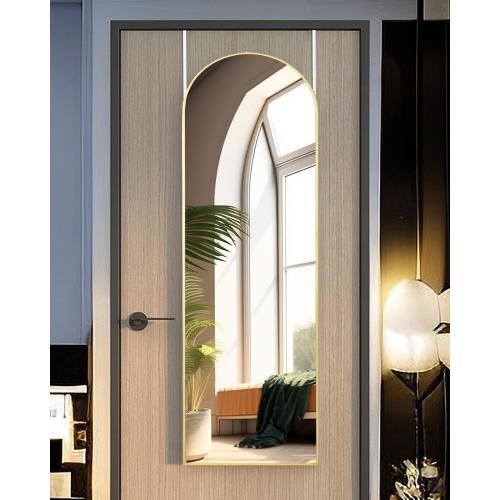 KOMCOTE Full Length Mirror 48x14 Inches - Over The Door Hanging Mirror for Bedroom, Living Room, Closet - Arch Floor Mirror, Door Mirror with Gold Frame - No Drill Easy Install