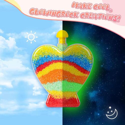 MAGICACORN Glow Sand Art Kit for Kids – DIY Creative Craft Activity, Sand Art Bottle with Glow-in-The-Dark Effect, Arts and Crafts Gift for Kids Age 5-12, Fun Busy Activity, Gift Ideas (Heart Bottle)