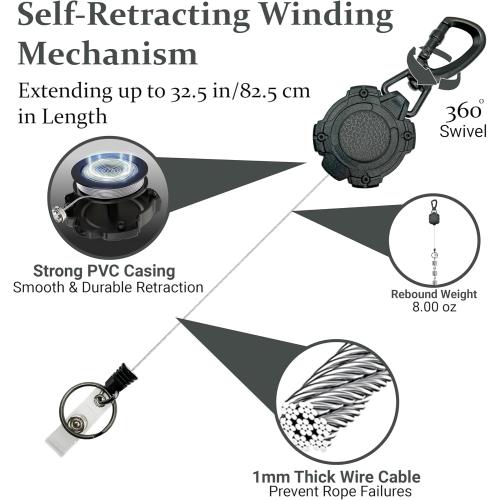 Heavy Duty Black Tactical Badge Reel. Swivel Carabiner Clip. 32.5” Steel Cable/Rope with Key Ring & ID Strap. 8 oz Weight