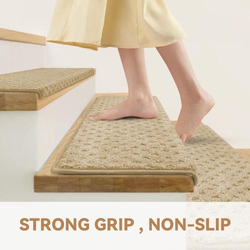 Size 9.5x30 2 Pcs Color Brown  Stair Treads Non Slip 9.5 x 30, 2 Pcs Carpet Stair Treads for Wooden Steps Indoor with Edge Protection, Reusable Peel and Stick TPU Backing Stair Runner Rugs - Lattice Pattern Beige