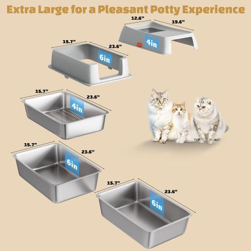 Tom & Sora Creations Stainless Steel Sifting Litter Box, Sifting Cat Litter Box for Pine Pellets and Clay Litter, Multifunctional, Low Maintenance, Odor Free, Leak Free, Enclosed, XL, Grey