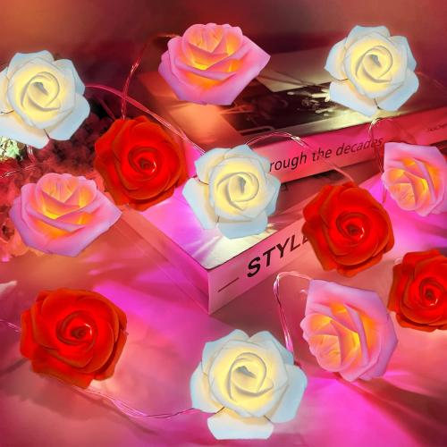 TURNMEON 10FT 30LED Rose Light Valentines Day Decorations Flower String Light Red Pink White Valentines Lights Battery Operated Valentine Garland with Lights Indoor Outdoor Home Party Wedding Decor