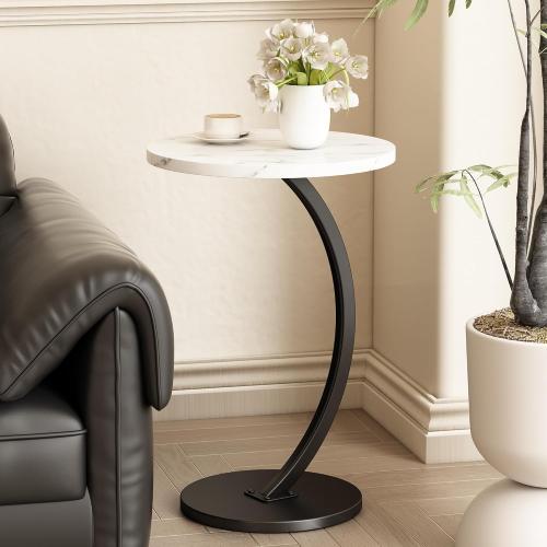 C Shaped Side Table End Table Round Small Side Table,White & Black | C Shaped End Table Metal Frame for Sofa Bed Couch Living Room Bedroom Small Spaces Bedside TV Tray Accent Nightstand Table