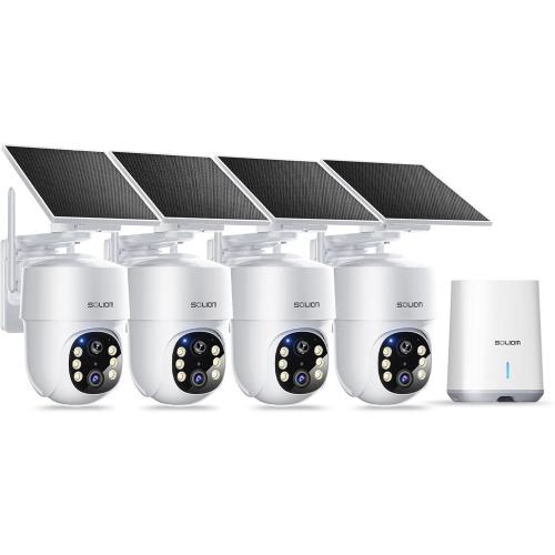 SOLIOM- 5MP Security Cameras Wireless Outdoor, No Subscription,4-Cam Pack, Solar Powered Home Security Camera with 360° Auto Tracking, Pan & Tilt, 3K Color Night Vision,5G & 2.4G Router Compatible