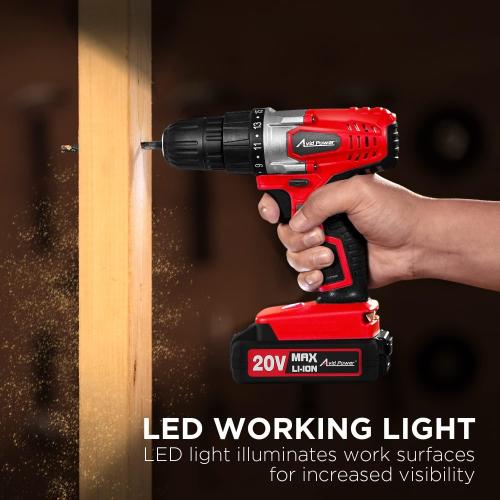 Color red AVID POWER 20V MAX Lithium lon Cordless Drill Set, Power Drill Kit with Battery and Charger, 3/8-Inch Keyless Chuck, Variable Speed, 16 Position and 22pcs Drill Bits (Red)