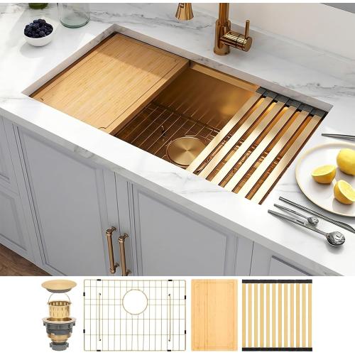 Gold Undermount Kitchen Sink, 16 Gauge T-304 Stainless Steel All In One Workstation Sinks With Full Set Accessories, 30 x 18 x 10 Large and Deep Handmade Single Bowl Kitchen Sinks