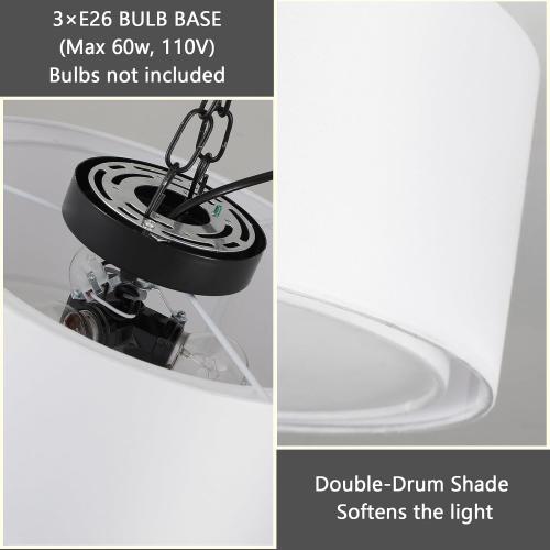 Luupyia 3-Light Double Fabric Drum Ceiling Light Fixture, 12.59 Inches Simple Semi Flush Mount Ceiling Lights with Double Fabric Shade, Modern Drum Chandelier for Bedroom, Hallway E26, 60W