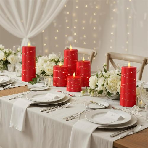 Raycare Flameless Candles with Remote Timer, Flickering Battery Operated LED Pillar Fake Candle with String Lights for Home Decor, Christmas, Wedding and Gift, Red, Set of 5