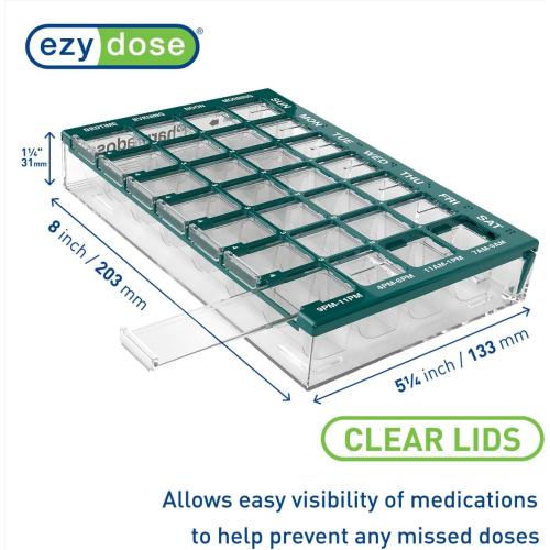 Pill Organizer Weekly (7-Day), Medicine Planner, Vitamin Case/Box, Medium Compartments with Easy Fill Tray, 4 Times a Day, Easy to Use Containers, Clear Lids, Green, BPA Free