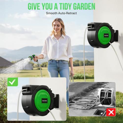 Size 1/2 x 100ft Color Green Retractable Garden Hose Reel, 1/2 in x 100 ft Heavy Duty Wall-Mounted Hose Reel with 180° Swivel Bracket, 10-Pattern Nozzle, Automatic Slow Return System, Any Length Lock for outside Watering,Cleaning