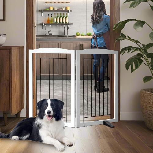 Size 40x32 inches Dog Fence Indoor - 2-Panel Freestanding Dog Gate for Doorways, Hallways, House or Stairs -40x32-Inch Retractable Foldable Expandable Wood Pet by SFJC (White)