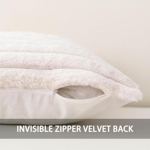 Pack of 2 Faux Fur Christmas Throw Pillow Covers 18x18 Inch, Soft Plush Striped Neutral Couch Pillow Cover, with Velvet Back Modern Home Decor for Sofa Living Room Couch Bed Cream White