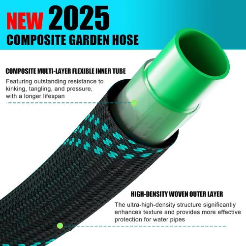 Garden Hose 50 ft, 2025 Upgarded Flexible Water Hose 50ft With 10-Pattern Spray Nozzle, Kink-Free, Lightweight, Durable, Leak-Proof Solid Brass Fittings (Black & Cyan)