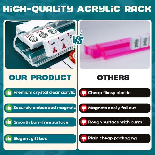 Mahjong Racks with Magnetic Pushers 17.5inch, 4 PCS, Clear Acrylic Scallop Mahjong Rack with Pushers, Ideal Gift for Mahjong Lovers, Parties & Game Nights