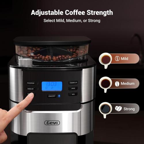 Gevi 10-Cup Grind-And-Brew Drip Coffee Maker with Built-In Burr Grinder | Programmable Timer, 1.5L Water Tank, 2-Hour Auto Keep-Warm, Durable Reusable Permanent Filter for Daily Coffee Brewing