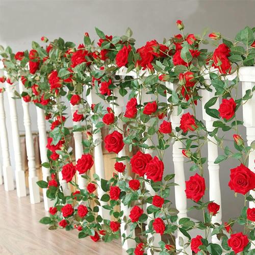 4 Pack Fake Rose Vine Flowers Plants 32.2 FT Artificial Flower Hanging Rose Ivy Home Hotel Office Wedding Party Garden Craft Art Decor (Red)
