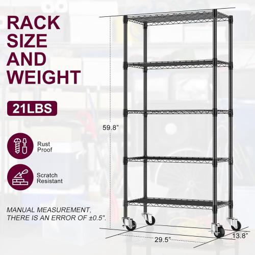 5 Tier Metal Wire Shelving with Wheels Casters, 750 lbs Heavy Duty Shelving Unit Wire Rack, Rolling Adjustable Storage Shelves for Kitchen, Garage, Pantry 14 D x 30 W x 60 H