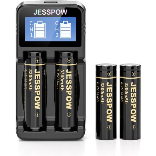 2-Slot 18650 Battery Charger Set 4pcs 3300mAh Flat Top, Universal 3.7V Li-ion Batteries Charger for 18650 26650 18500 14500(No Suitable for nimh & 1.5V Batteries)