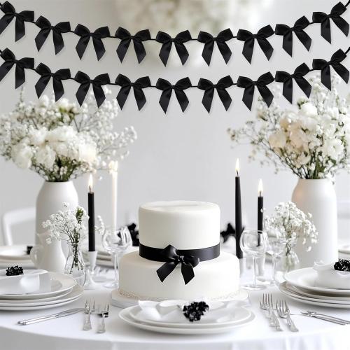 2pcs Bow Garland Banner, Ribbon Bow Party Decorations for Baby Shower Girls Bow Coquette Birthday Party Decor (Black)